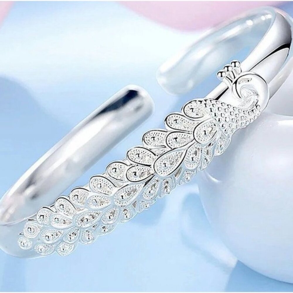 Sterling Silver Peacock Adjustable Cuff Bracelet .925
